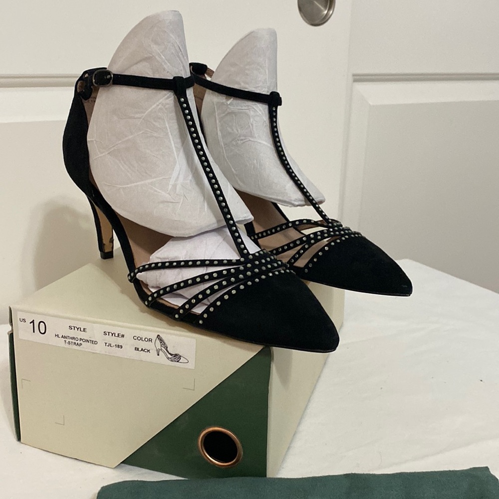 Anthropologie Pointed T-Strap Black Suede Rhinestone Heels